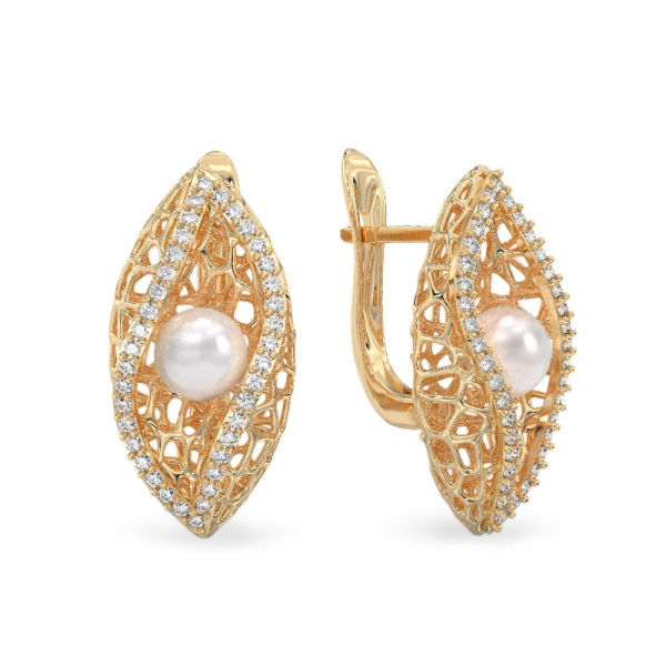  Seashell With Pearl Yellow Gold Earrings