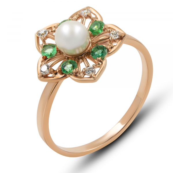 Gold Ring With Pearl And Emerald