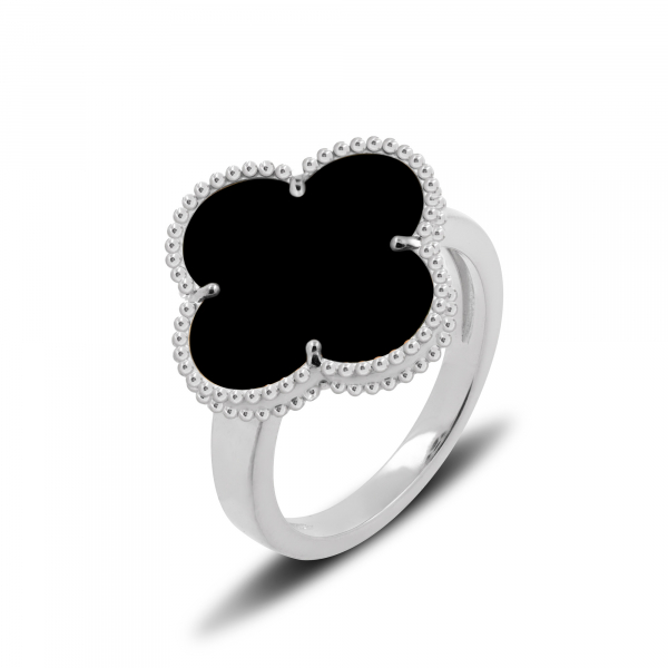 Silver Ring Clover With Black Onyx