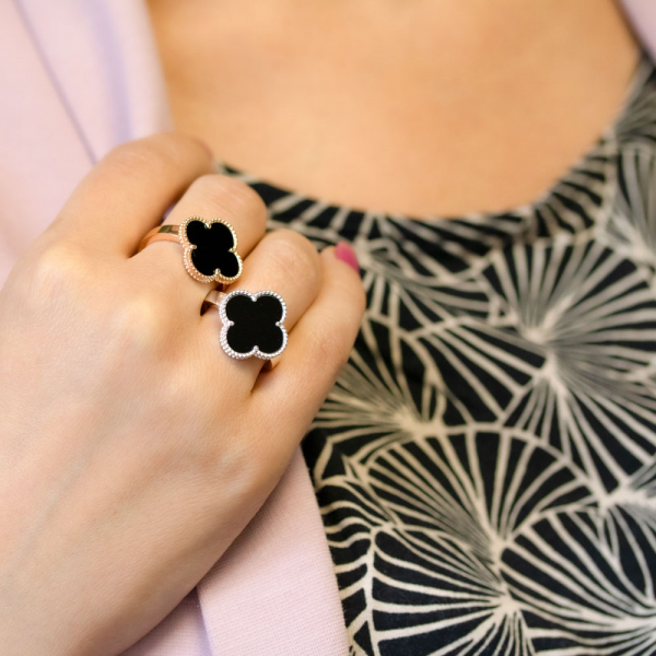 Silver Ring Clover With Black Onyx