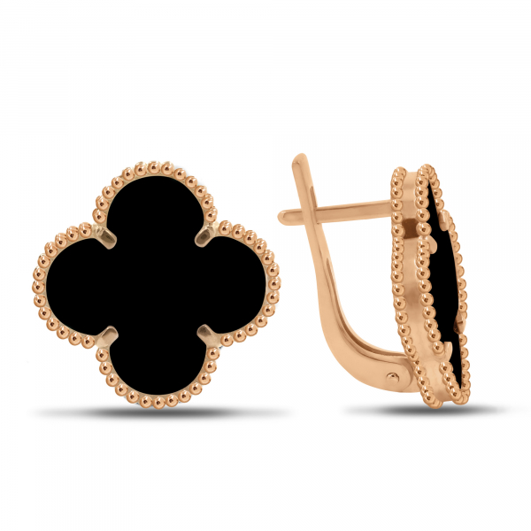 Gold Earrings Clover With Onyx