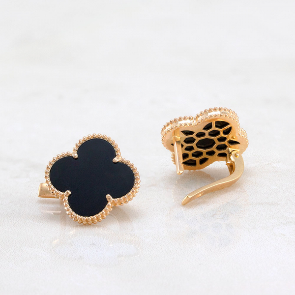 Gold Earrings Clover With Onyx