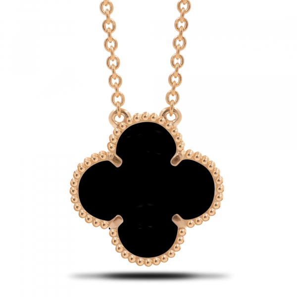 Gold Necklace Clover With Onyx