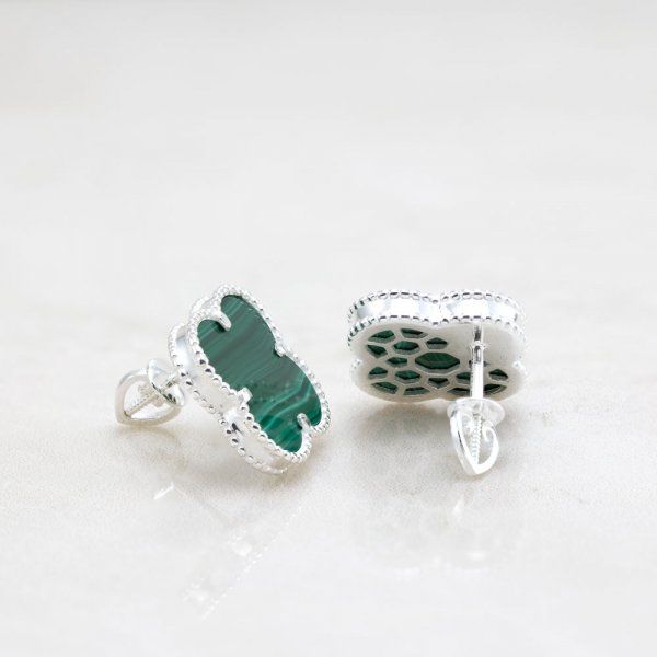 Silver Earrings Clover  With Malachite