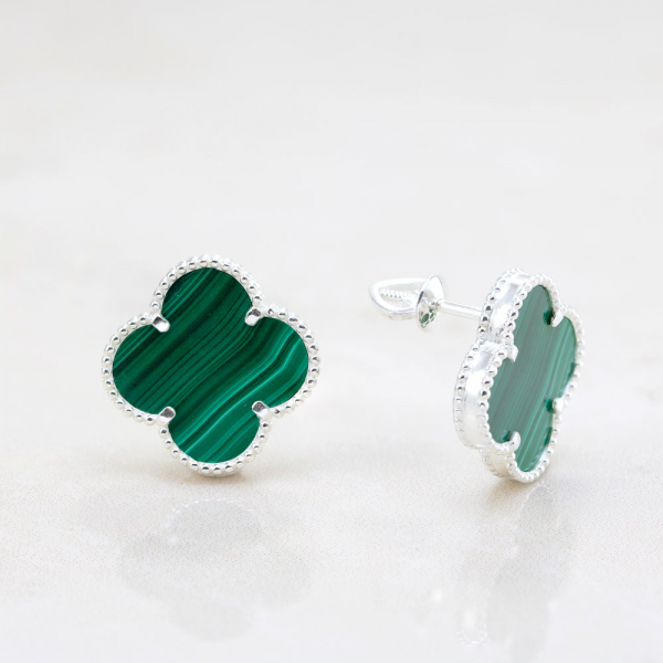 Silver Earrings Clover  With Malachite