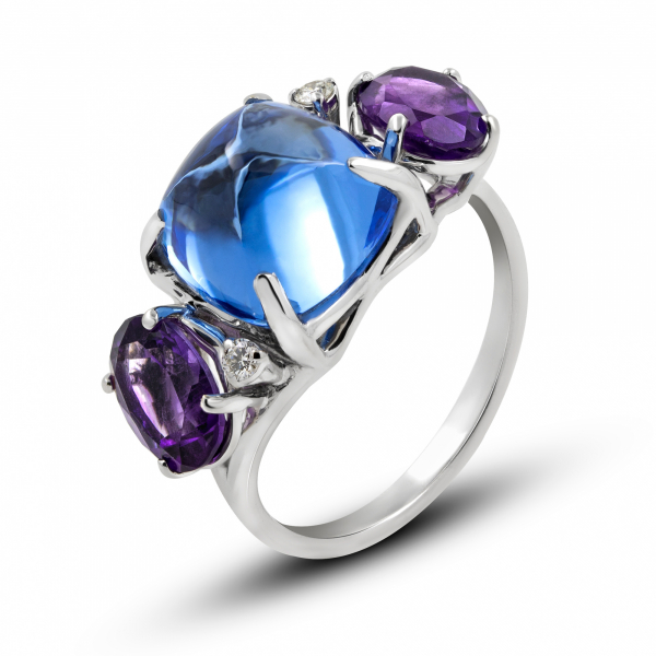 White Gold Ring  With Topaz And Amethysts