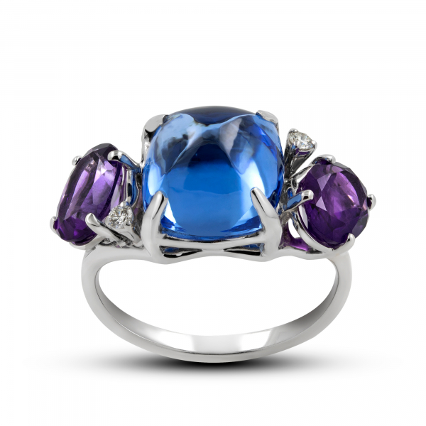 White Gold Ring  With Topaz And Amethysts