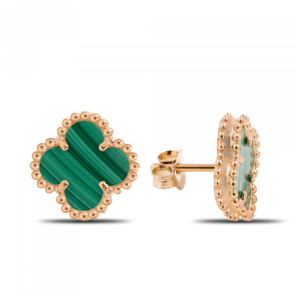 Small Gold Earrings CLOVER With Malachite