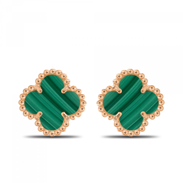 Small Gold Earrings CLOVER With Malachite