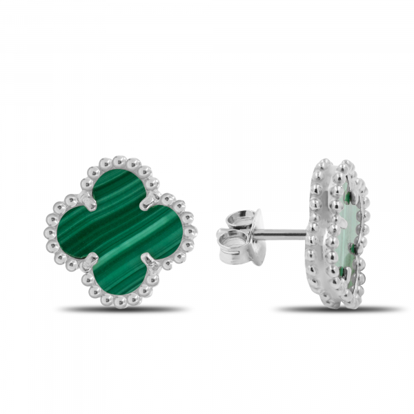 Small Gold Earrings CLOVER With Malachite