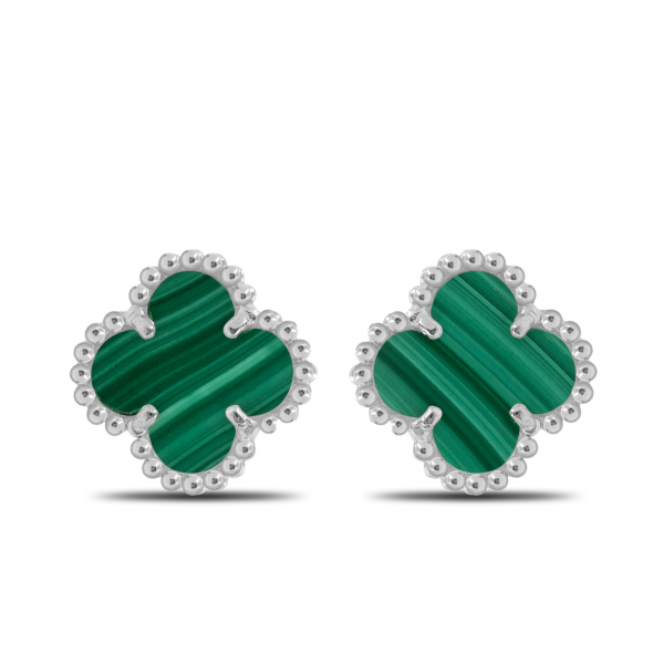Small Gold Earrings CLOVER With Malachite